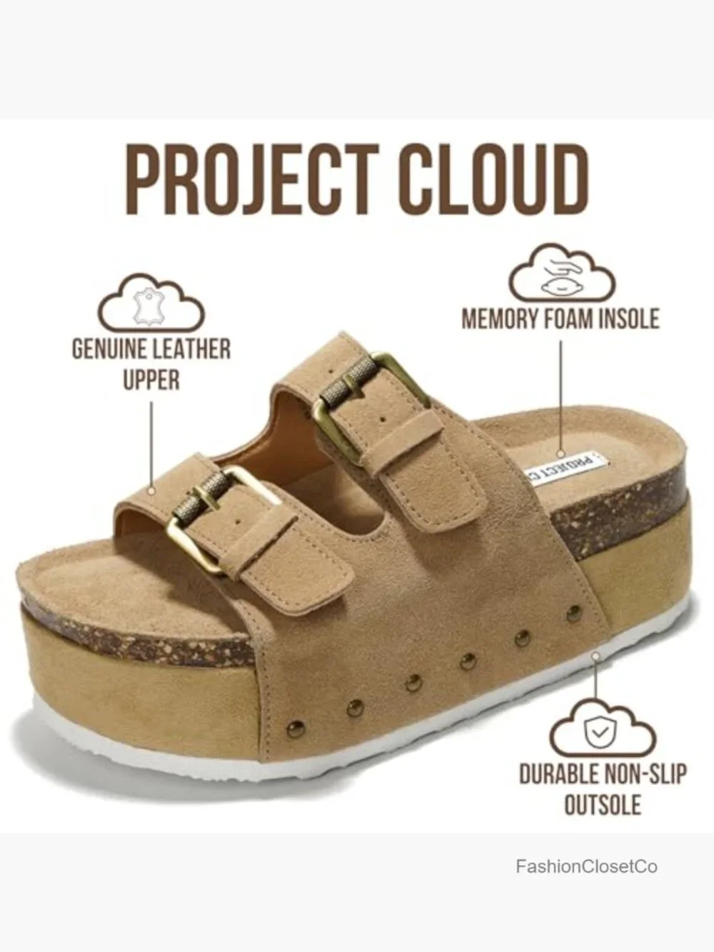 Genuine Suede Leather Platform Wedge Sandals with Memory Foam